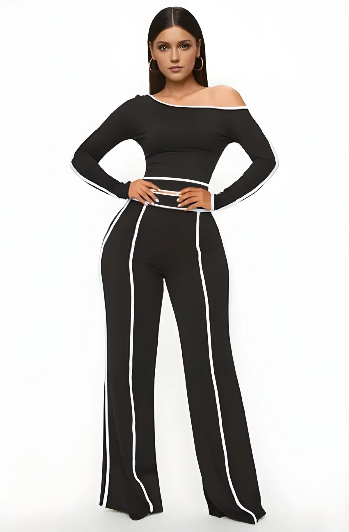 JN Fashion Fusion high-waist wide-leg pants with long sleeves, elastic splicing, and a diagonal collar, ideal for commuting and leisure.