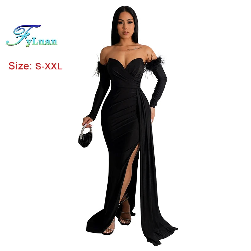 2026 Red Wrap Chest Long Dresses For Women Sleeveless With GlovesRibbon Side Split Ruffles Robe Evening Birthday Party Clothes - JN Fashion Fusion