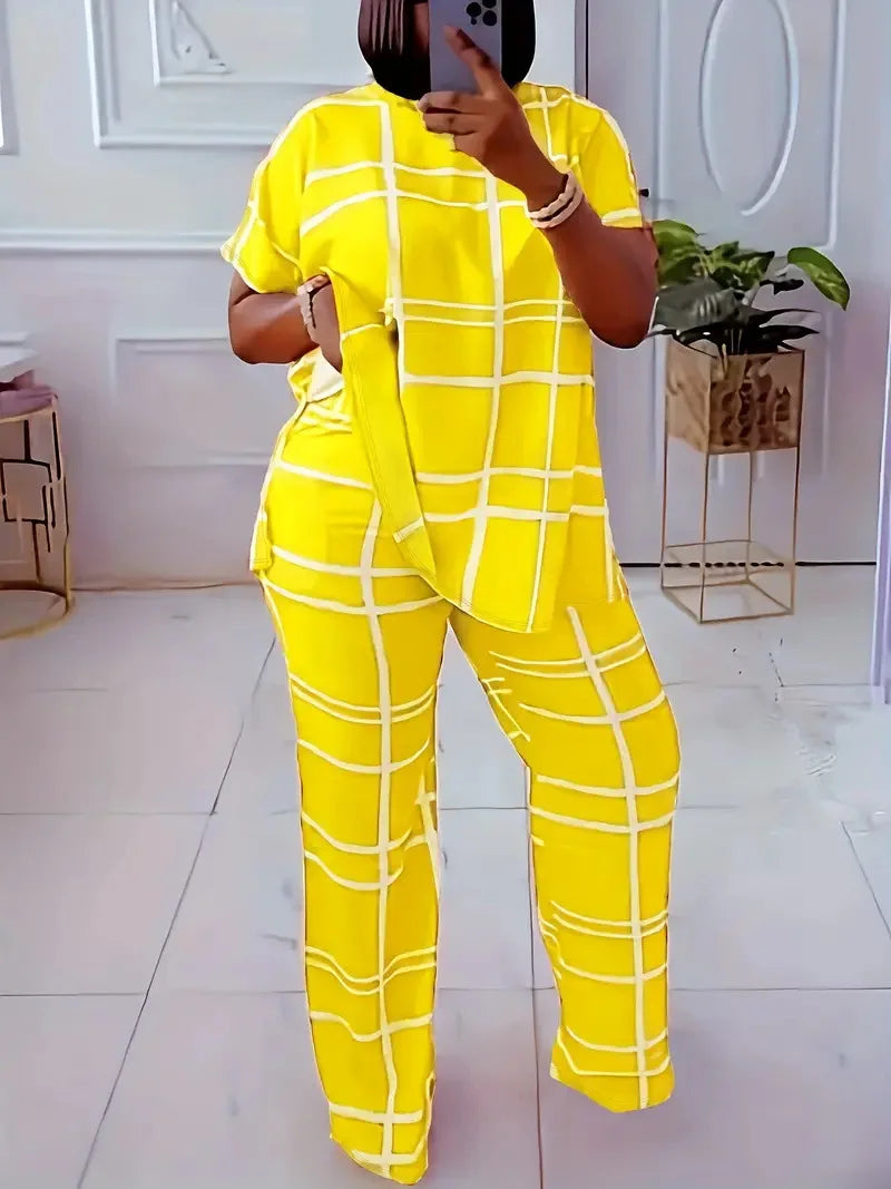 Short Sleeve 2 Piece Women Sets 2026 Spring Summer Matching Sets Stripe Print Two Pieces Sets Top Pants Suits Outfits Clothing