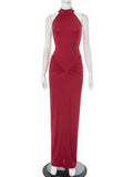 Mozision Halter Ruched Sleeveless Sexy Maxi Dress Women Gown Fashion Slim High Waist Evening Club Party Split Long Dress - JN Fashion Fusion