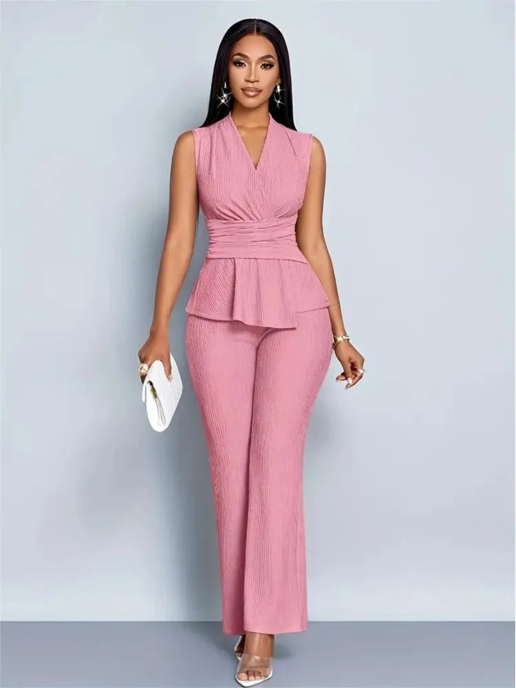 New Spring Summer Women's Trousers Two-piece Elegant Slim V-neck Sleeveless Irregular T-shirt Wide-leg Pants Office 2-piece Set - JN Fashion Fusion