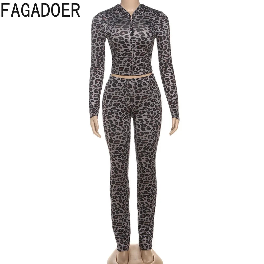 FAGADOER Fashion Leopard Print 2 Pieces Set for Woman Outfits Zip Long Sleeves Hooded Jacket+Leggings Matching Female Streetwear - JN Fashion Fusion
