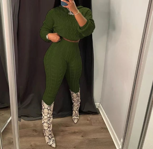 2 Piece Sets Womens Outfits Fashion Long Sleeve Cable Knit Hooded Sweater & Pants Suit Streetwear 2024 Autumn Winter Casual New - JN Fashion Fusion
