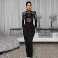 See Through Mesh Rhinestone Club Jumpsuit Sexy Women O-neck Elegant Shiny Tassel Diamonds Straight Romper Overalls - JN Fashion Fusion