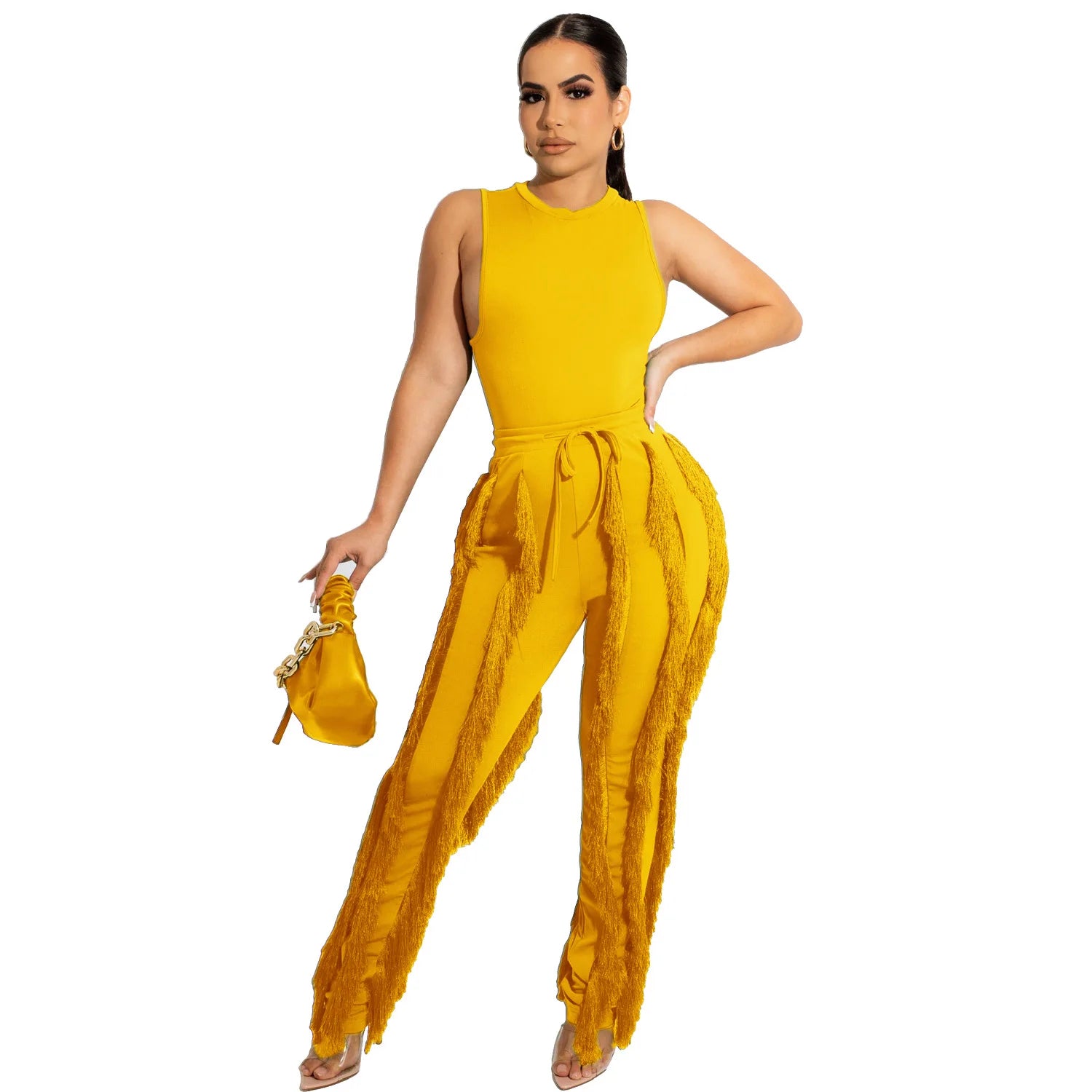 Elegant Women's Tracksuit Tank Top and Tassel Side Straight Pants Suit Streetwear 2026 INS Two 2 Piece Set Outfits - JN Fashion Fusion