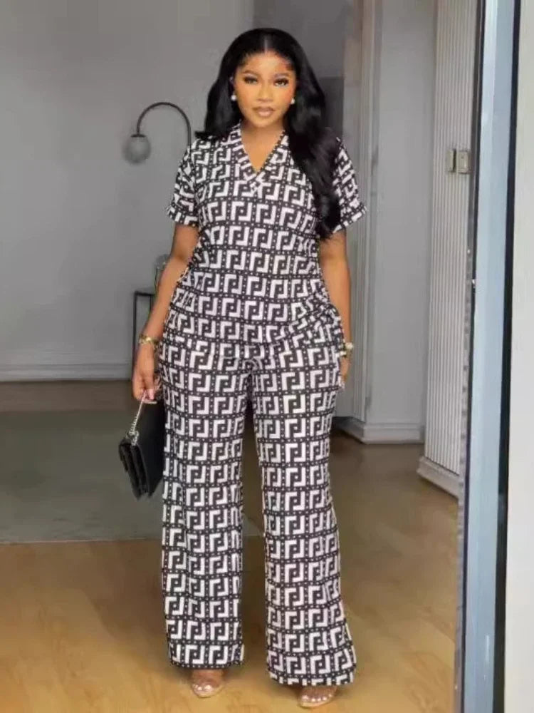 Pants Set Summer Women's Printed Two Piece Set Short Sleeve Round Neck Loose Pants AOMEI Fashion Pants Set