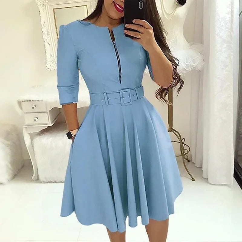 Fashion Women Patchwork A-line Dresses Autumn/Winter Round Neck Printed Belt Party Dress Elegant Office Lady Zipper Dress - JN Fashion Fusion