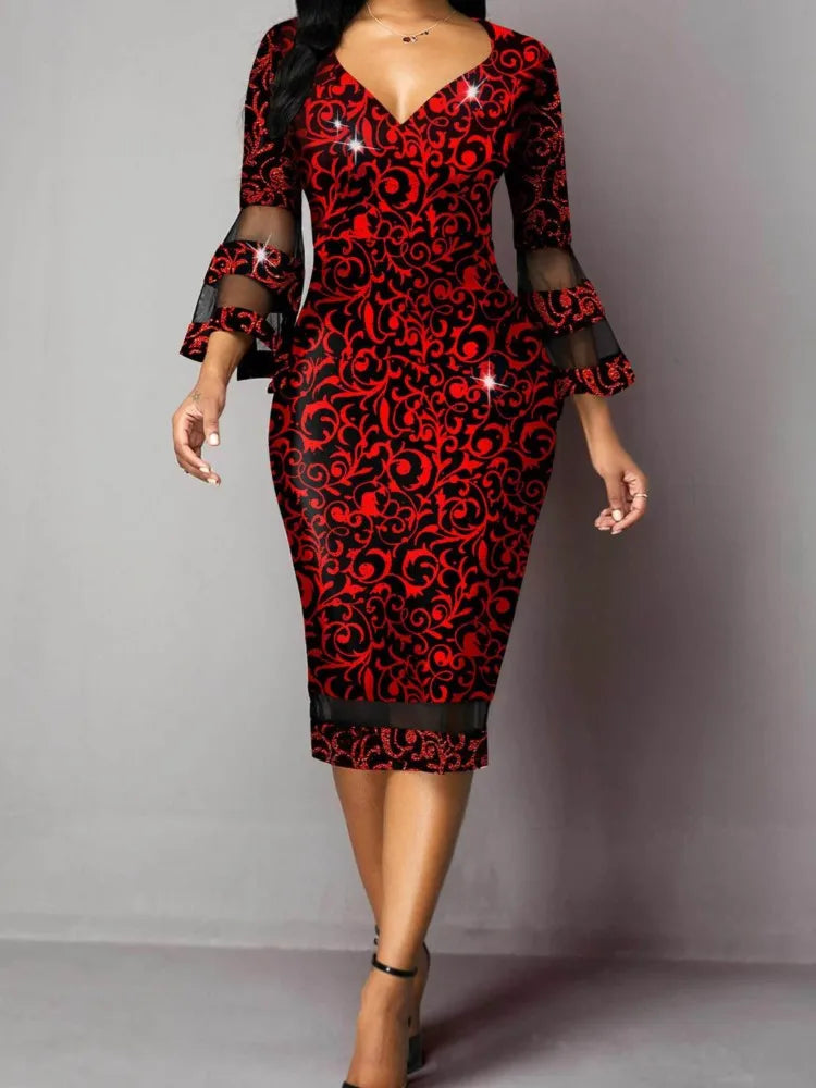 Lady Print Dress Fashion Sexy V Neck Nine Quarter Sheer High Waist Package Hip Dresses For Women Holiday Party Women's Clothing - JN Fashion Fusion