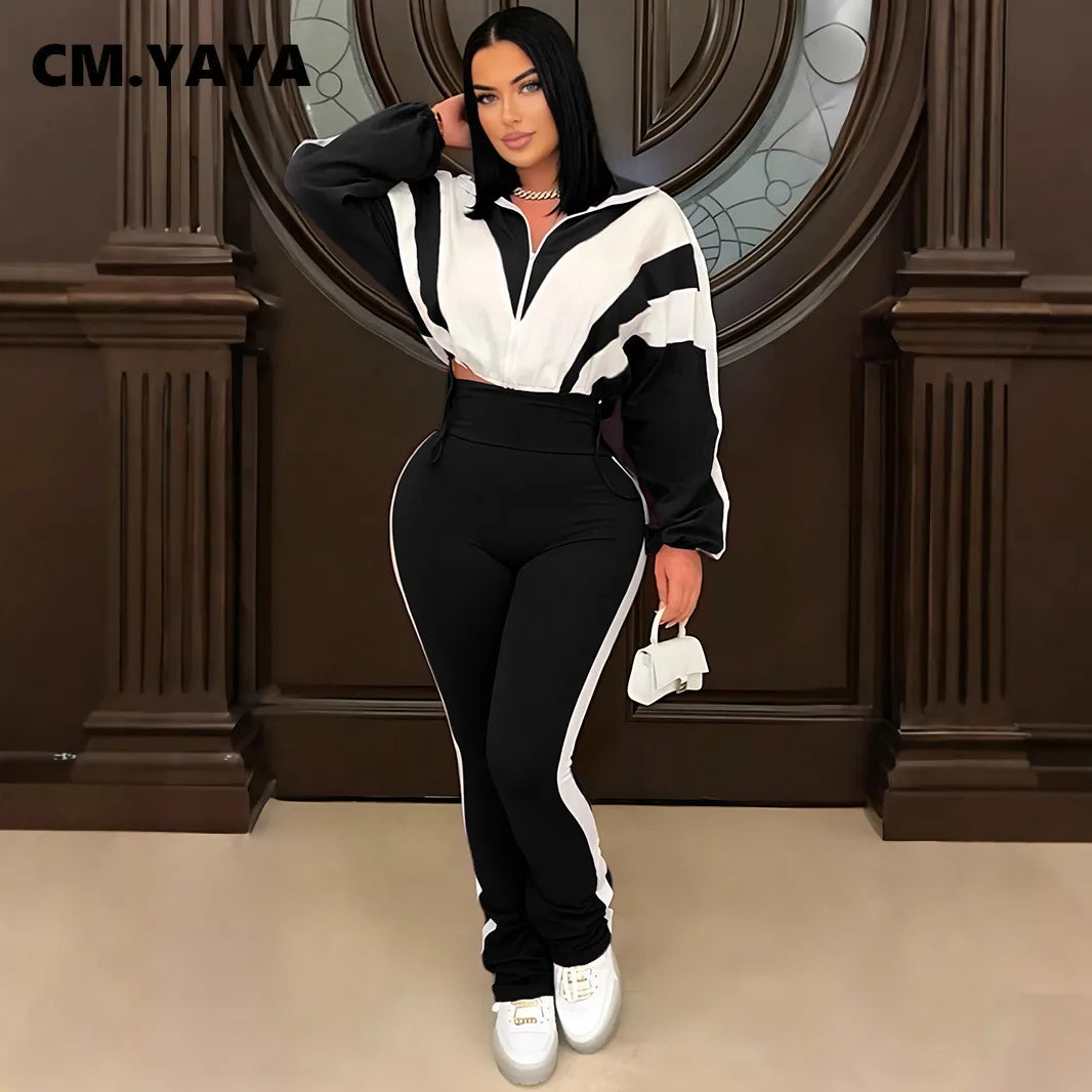 Active Patchwork Women's Zipper Sweatshirt Jacket and Long Pants Set by JN Fashion Fusion, stylish fall 2-piece tracksuit ensemble.