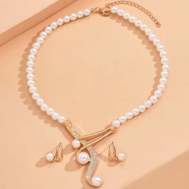 Fashion Geometric Pearl Earring Two Piece Necklace for Women Exquisite Birthday Party Jewelry Gifts - JN Fashion Fusion