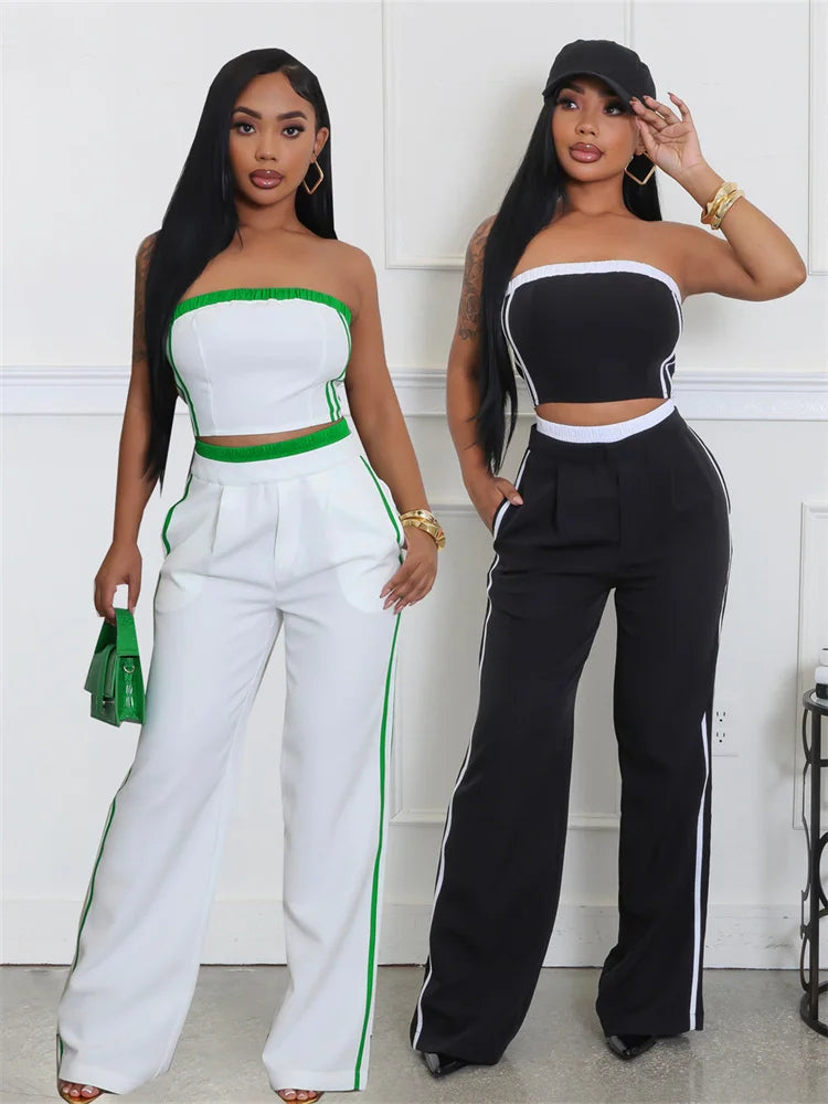 2025 Spring Fashion New Casual Women's Sets Strapless Chest wrap Crop Tops and Pants Streetwear Black Two 2 Piece Set Outfits - JN Fashion Fusion