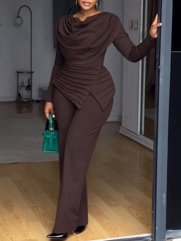 Swing Collar Ruched Jumpsuit Long Sleeve Solid Elegant Office Ladies Asymmetric Hem Autumn Casual Vintage Ruched Slim Rompers - JN Fashion Fusion