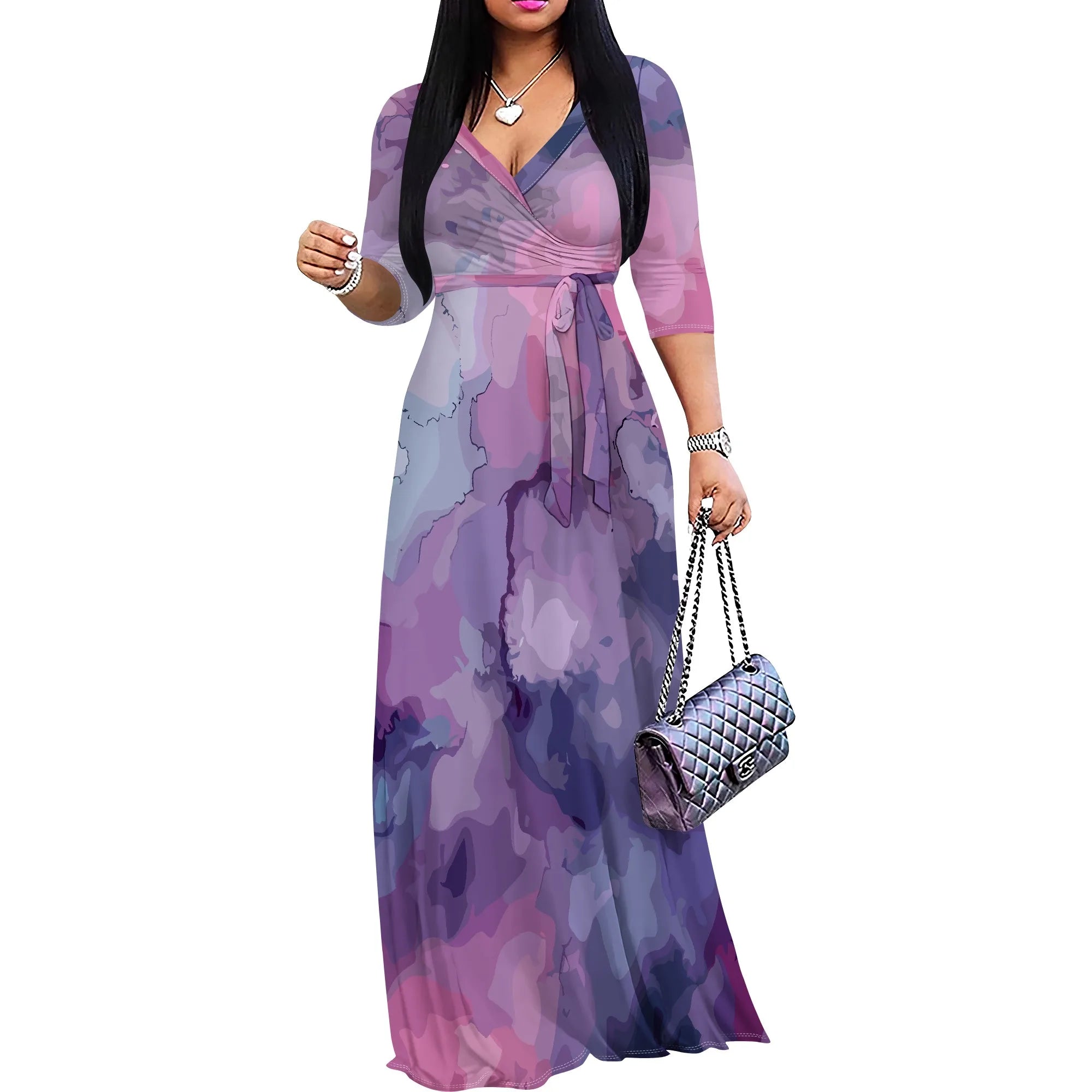 Casual Printed Maxi Dress Women Hawaii Vacation V Neck 3/4 Sleeve Loose Fit Long Dress