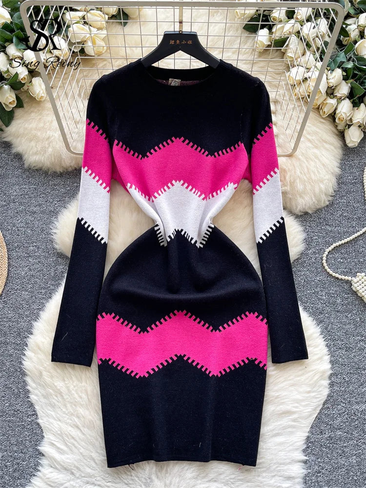SINGREINY Wave Print Sweater Midi Dress Women O Neck Long Sleeves Elastic Slim Fit Design Chic Color Block Autumn Knitting Dress - JN Fashion Fusion