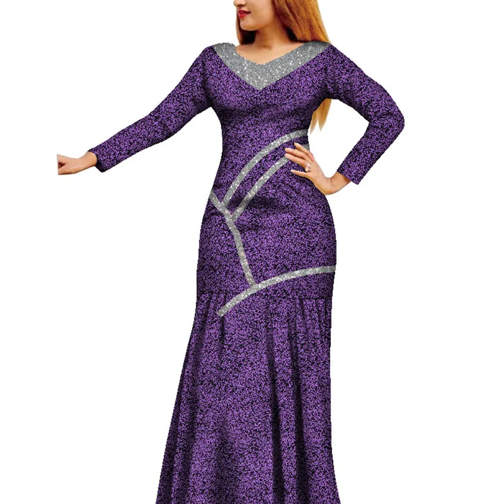 African Women Dress African Wax Print Dress Bazin Riche Long Sleeve Maxi Dress Lady African Clothes WY8679