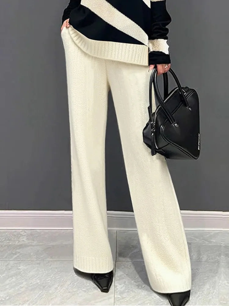 2026 New Women's Fashion Solid Color Knitted Wide Leg Pants Loose Elastic High Waist Full-length Casual Daily Trousers Bottoms