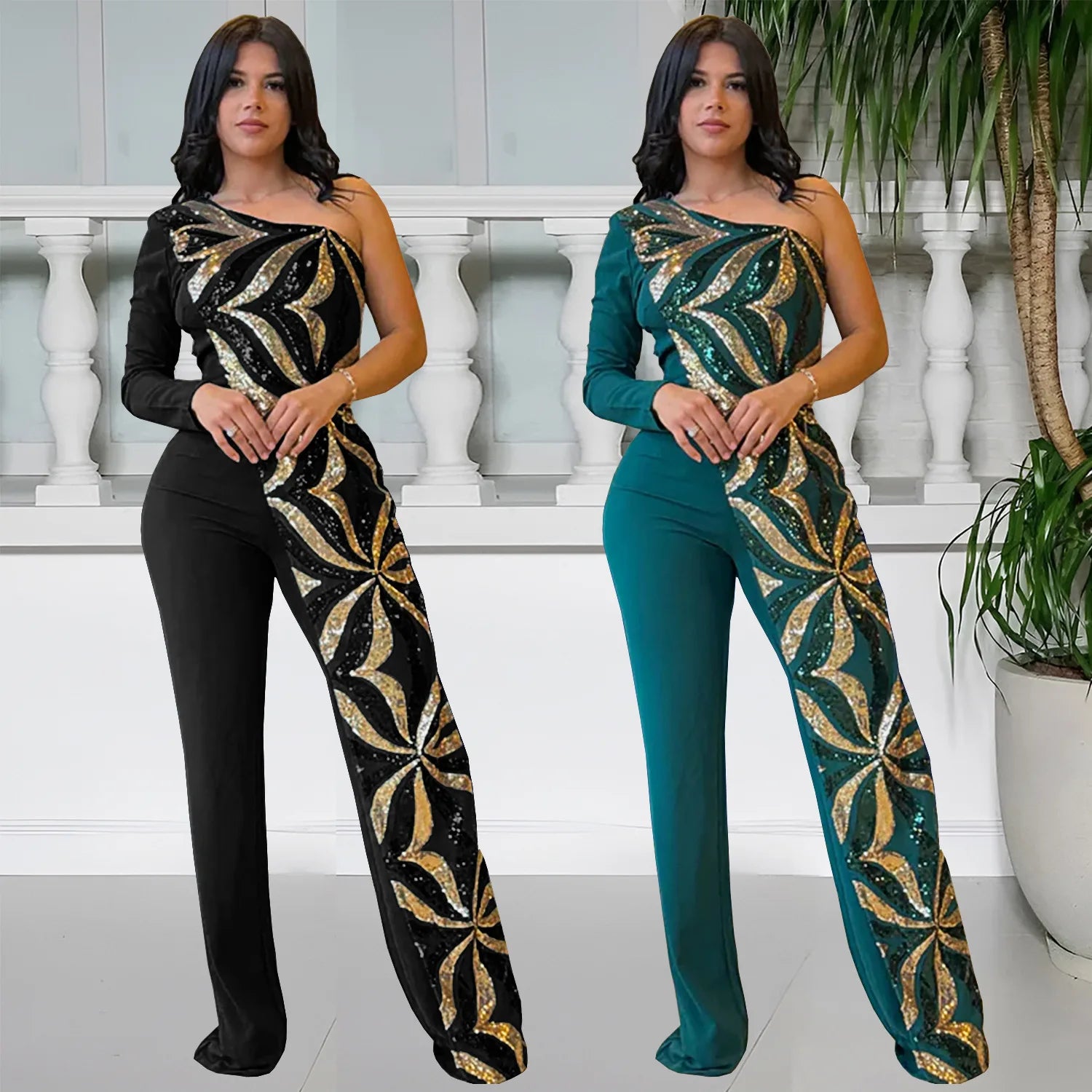 Women One Long Sleeve Strapless Sequined Wide Leg Jumpsuits 2025 Summer Evening Party One Piece Set Romper Playsuit - JN Fashion Fusion