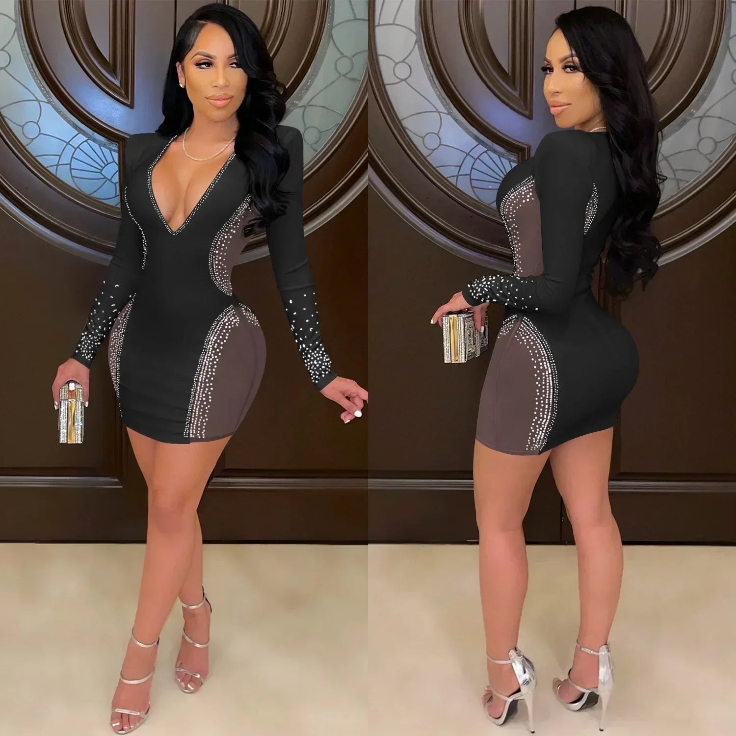 Europe Fashion New Women's Sexy Deep V Night Club Party Dress Hot Drill Perspective Skirt