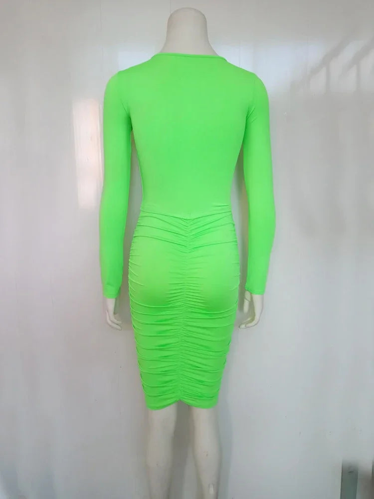Sexy Waist Cut Out Hollow Out Folds Slim Bodycon Dress Women Long Sleeved Solid Color Skinny Evening Dress Club Party Vestidos - JN Fashion Fusion