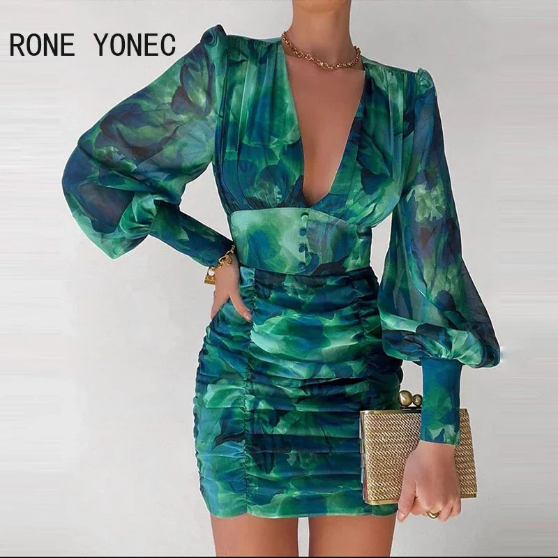 Women Chic Plunge Ruched Waistband Button Chiffon Puff Lantern Sleeve Abstract Mini Bodycon Print Dress - JN Fashion Fusion