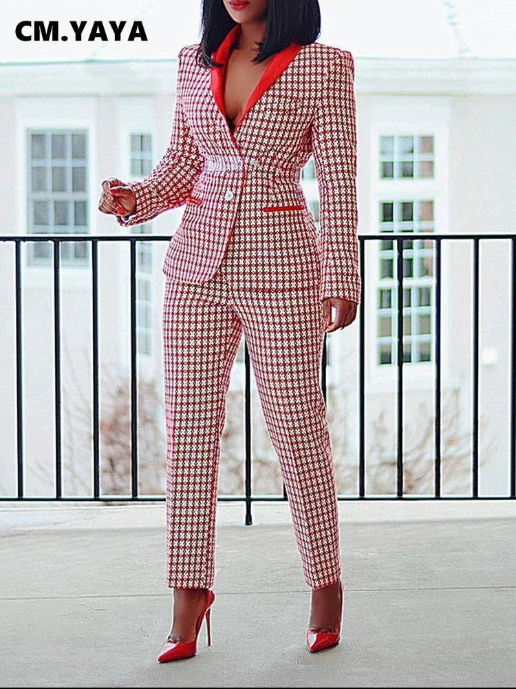 CM.YAYA Elegant Houndstooth Blazer Suit and Pants Two 2Piece Set  Women 2023 Autumn Winter Classic OL Street Outfit Tracksuit