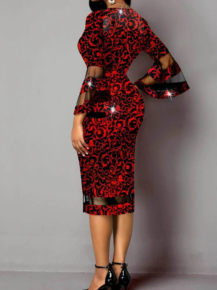 Lady Print Dress Fashion Sexy V Neck Nine Quarter Sheer High Waist Package Hip Dresses For Women Holiday Party Women's Clothing - JN Fashion Fusion