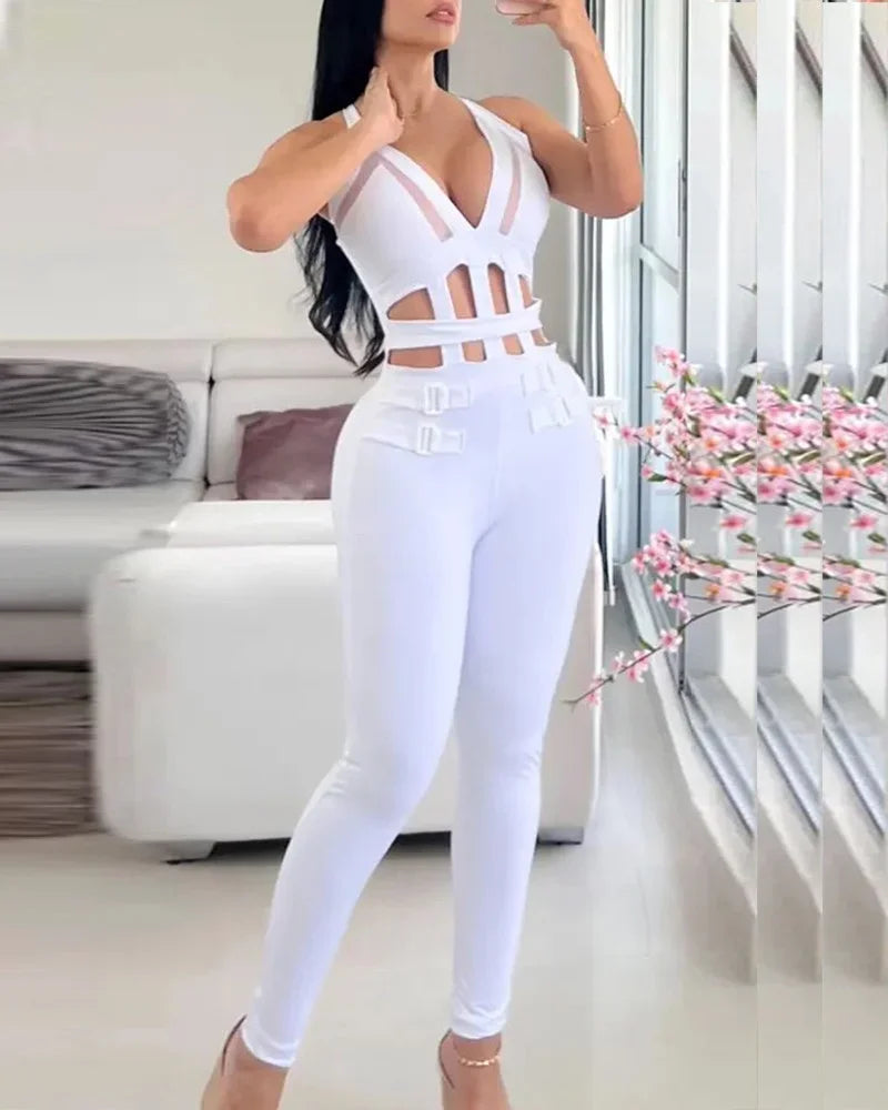 Summer Women Sexy Hollow Out Halter Buckled Contrast Mesh Jumpsuit  Skinny Night Out Chic Sleeveless Office Lady Jumpsuit - JN Fashion Fusion