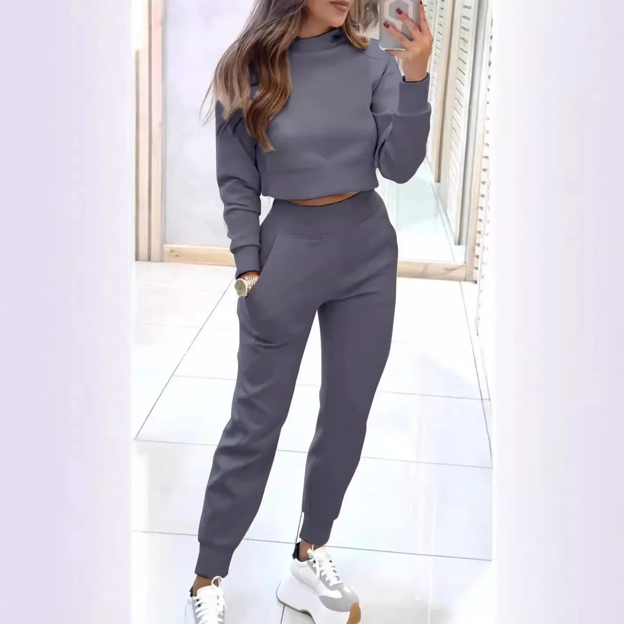 2025 New Women's 2-piece Long-sleeved Short Sweatshirt Turtleneck Fashion Casual Elastic Waist Slim Pant Sets - JN Fashion Fusion