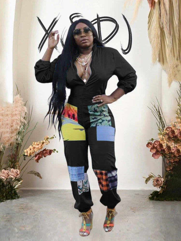 Sporty Jumpsuit Woman Spring Long Sleeve Plus Size Jumpsuits and Rompers Zipper in Front One Piece Outfit Streetwear Jumpsuits - JN Fashion Fusion