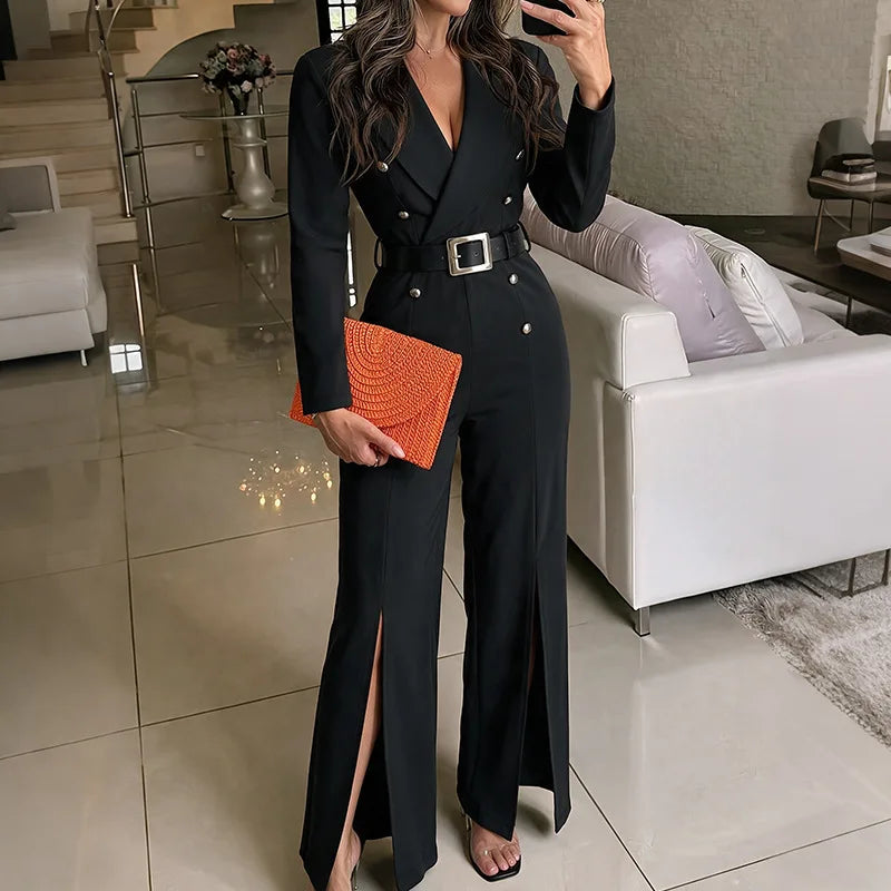 Elegant High Waist Belted Slit Jumpsuit 2026 New Autumn And Winter Women's Fashion Casual Solid Color Jumpsuit Female