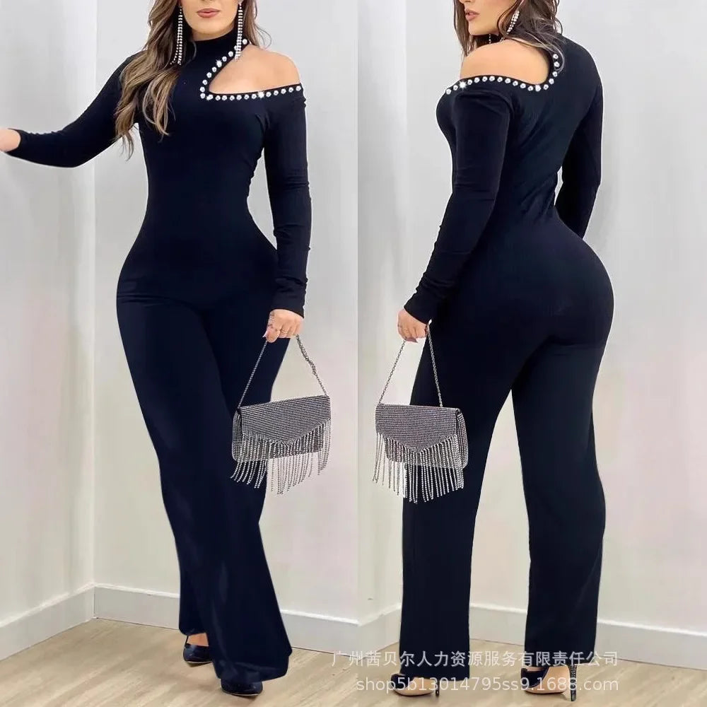 Women New Rhinestone Cold Shoulder High Neck Jumpsuit Long Sleeve Slim Fit Flared Jumpsuit - JN Fashion Fusion