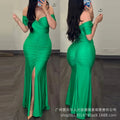 2026 Spring Summer New Women's Clothing Solid Color V-neck Waist Slit Pleated Dress