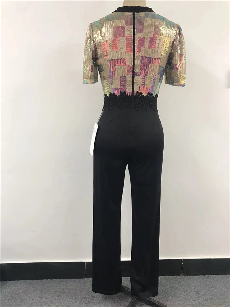 HBLL New Combinaison Femme Sexy Birthday Outfits Women Sequin Patchwork Jumpsuit Luxury High-Waist One Pieces Party Romper