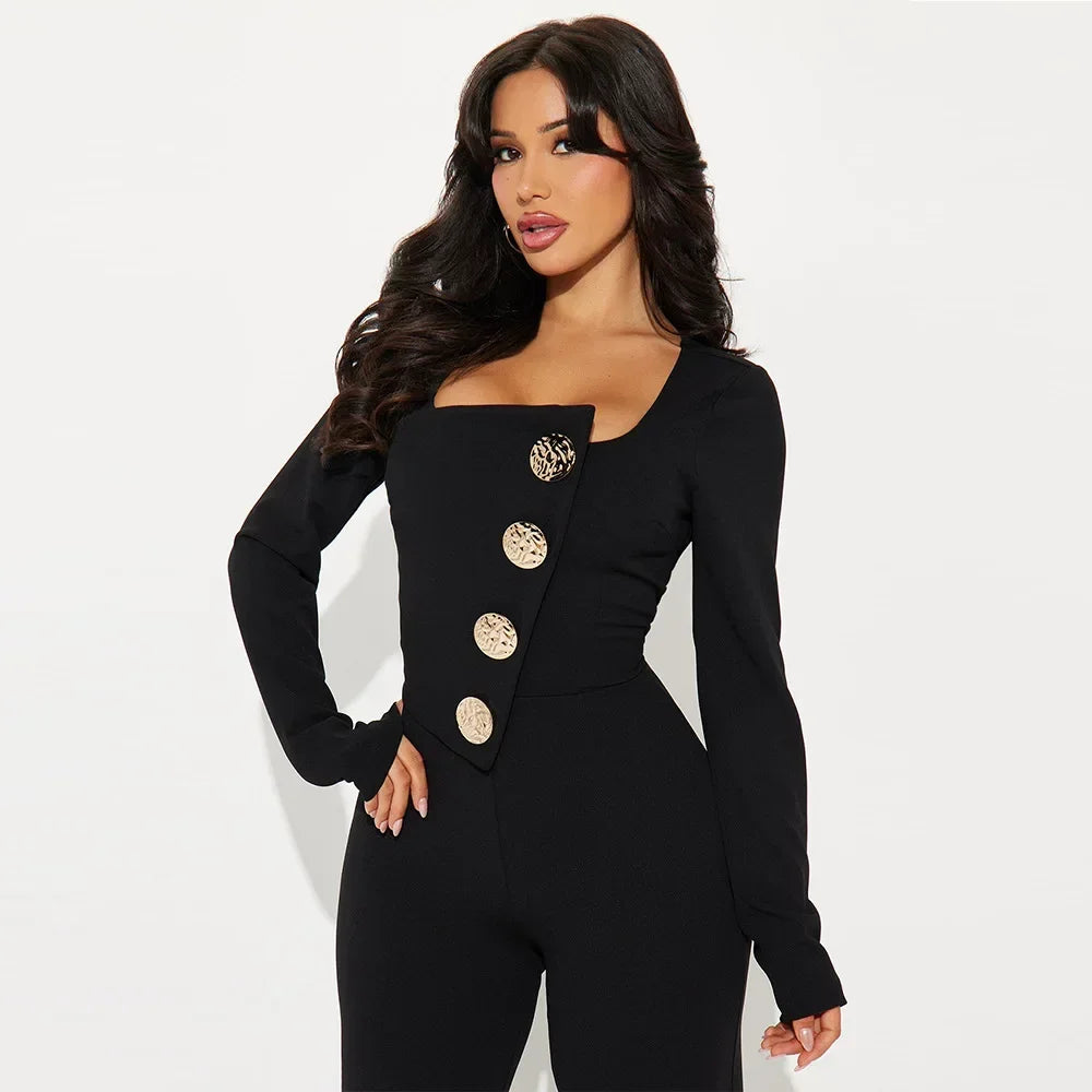 CM.YAYA Elegant Button Long Sleeve Irregular Girl Jumpsuits 2025 Spring Women's Overalls Outfits Night Club Streetwear One Piece