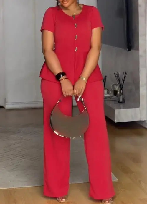 Jumpsuit Women 2026 New Spring Toggle Button Decor Round Neck Peplum Waist Overalls Casual Zipper Back Wide Leg Jumpsuit
