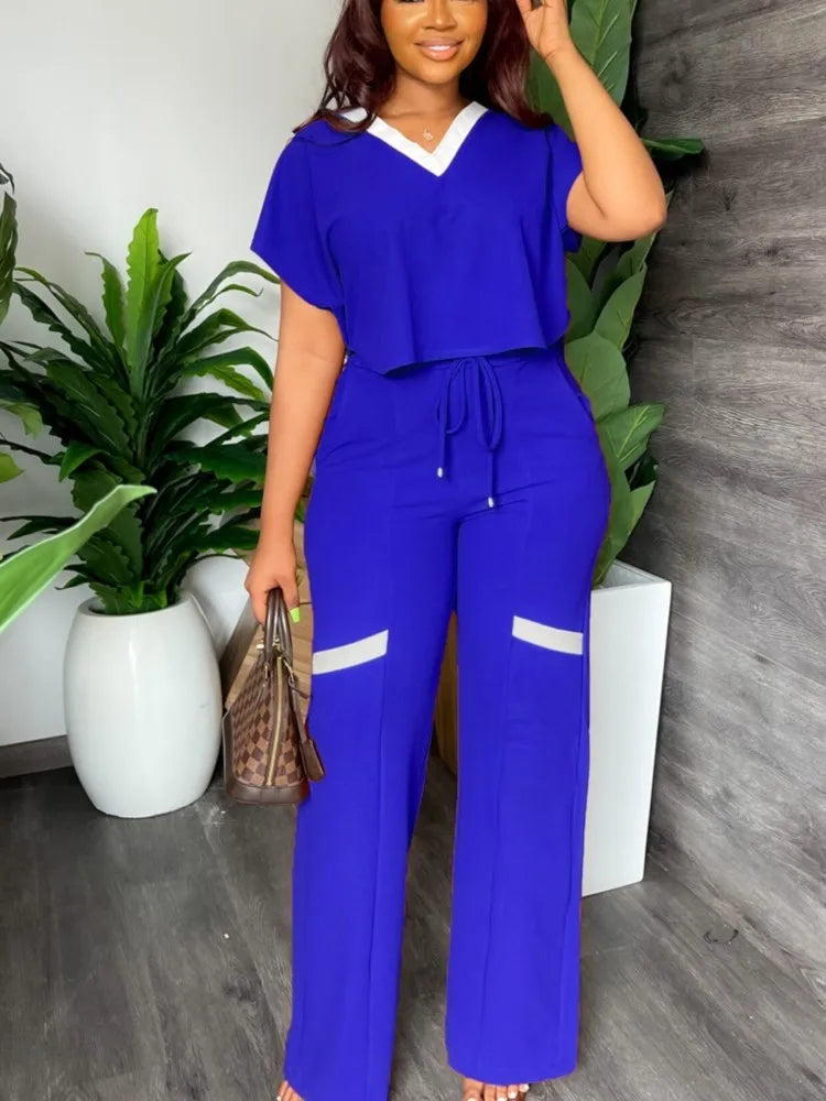Elegant Women's Casual Short Sleeve T-shirt Sports Suit Summer Fashion Solid V Neck Short Top & Straight Pants Two Piece Sets - JN Fashion Fusion