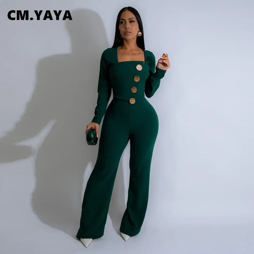 CM.YAYA Elegant Button Long Sleeve Irregular Girl Jumpsuits 2025 Spring Women's Overalls Outfits Night Club Streetwear One Piece