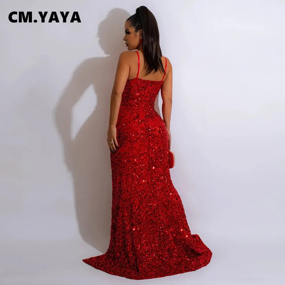 CM.YAYA Women Sequined Tassel Front Spaghetti Strap  Sleeveless High Side Slit  Maxi Long Dress 2023 Evening Sexy Party Dresses - JN Fashion Fusion