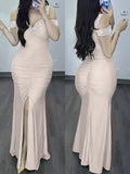 Elegant Evening Party Dresses For Women Rhinestone Cold Shoulder Slit Ruched Dress New Fashion Female Clothing Bodycon Dress - JN Fashion Fusion