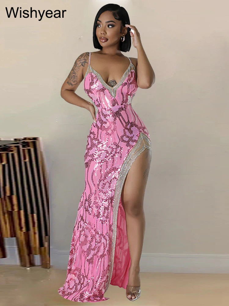 New Sequin Glitter Rhie Birthdy Party Long Dress Women's Spaghetti Straps High Split Wedding Evening Prom Celebrity