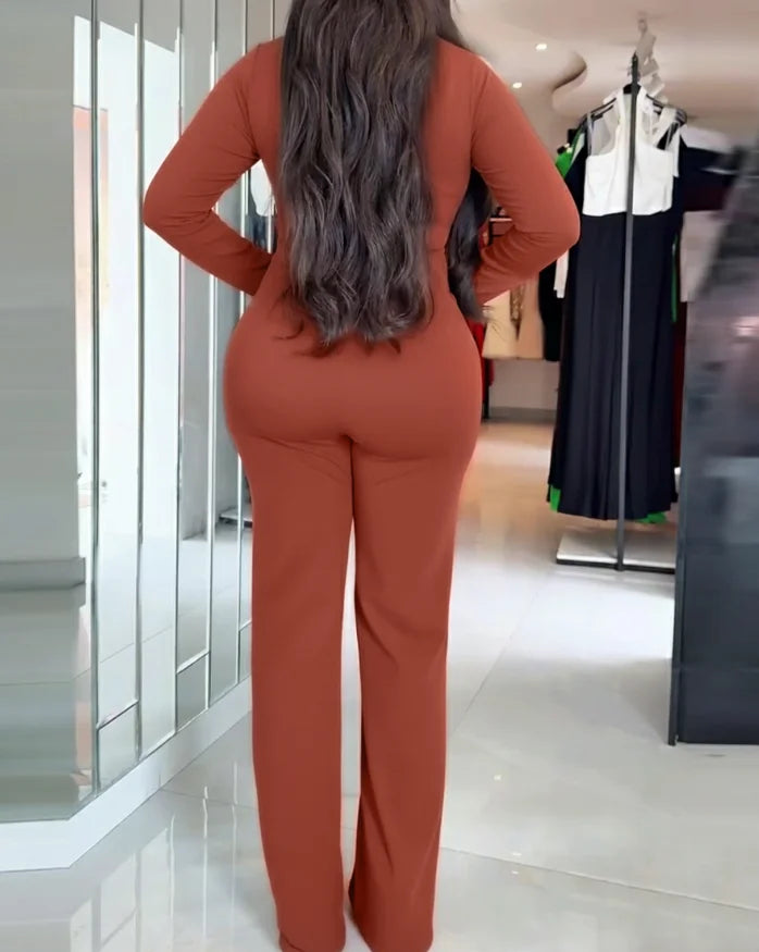 Gold Irregular Button Cross Design High Waist Straight Leg Jumpsuit Autumn Women's Solid Color Simple Commuting Jumpsuit