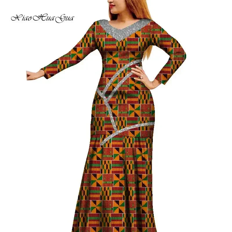 African Women Dress African Wax Print Dress Bazin Riche Long Sleeve Maxi Dress Lady African Clothes WY8679