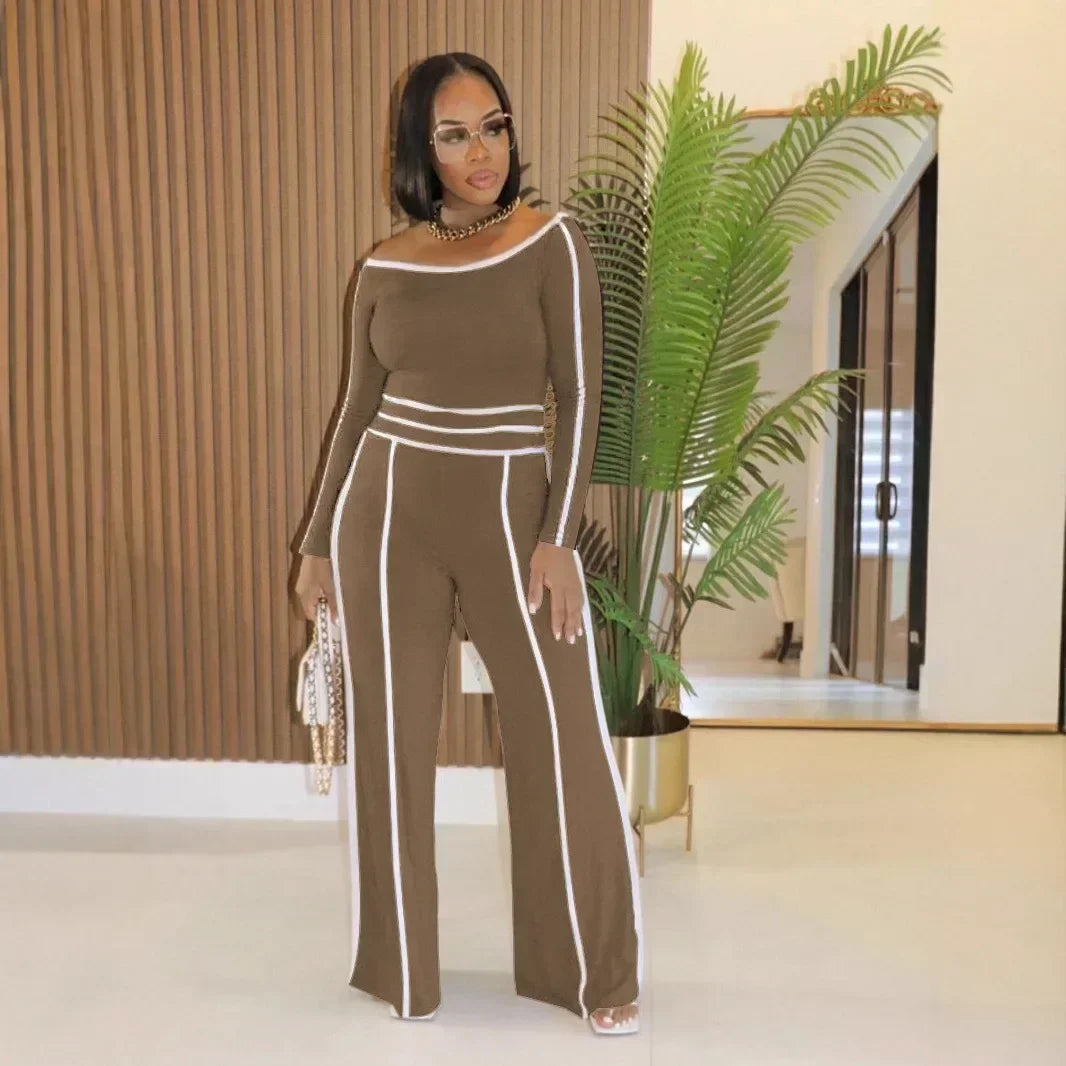 High-waist wide-leg pants by JN Fashion Fusion with a diagonal collar, elastic splicing, and long sleeves in a stylish two-piece set.
