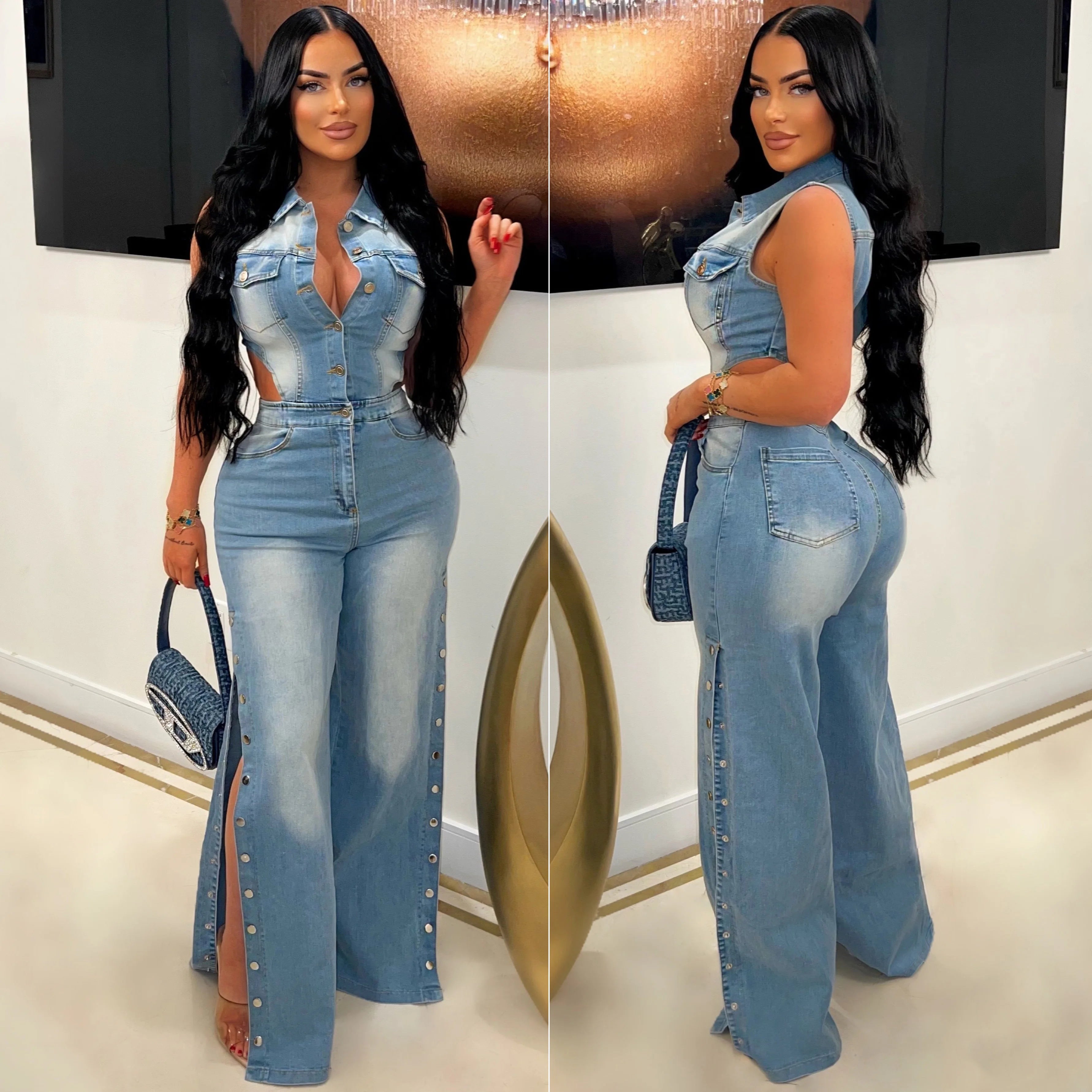 Hollow Out Jeans Cargo Jumpsuit Sexy Women Elegant Denim Stretch Casual Overalls Romper - JN Fashion Fusion