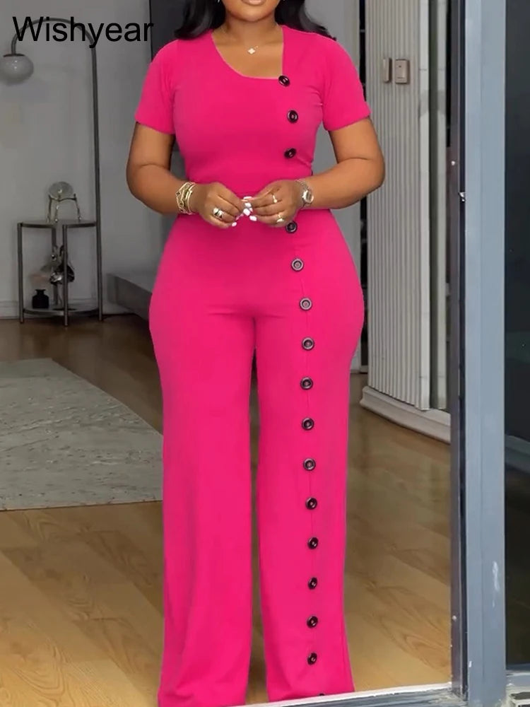 Znaiml Women Elegant Long Jumpsuits for Party Summer Short Sleeve Buttons Solid Color Wide Leg Pants Rompers One Pieces Overalls - JN Fashion Fusion