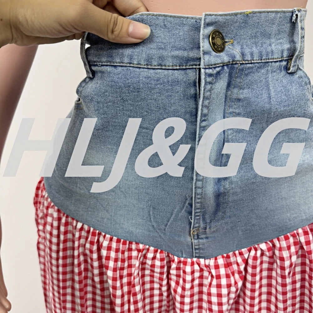 HLJ Y2K Streetwear Fashion Baddie 2 Piece Sets Outfits Hot Girl Short Sleeve T-shirt and Denim Patchwork Plaid Skirt Matching - JN Fashion Fusion