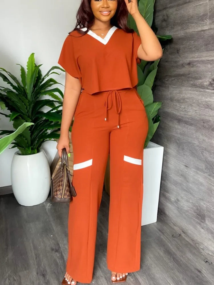 Elegant Women's Casual Short Sleeve T-shirt Sports Suit Summer Fashion Solid V Neck Short Top & Straight Pants Two Piece Sets - JN Fashion Fusion