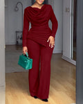 Swing Collar Ruched Jumpsuit Long Sleeve Solid Elegant Office Ladies Asymmetric Hem Autumn Casual Vintage Ruched Slim Rompers - JN Fashion Fusion