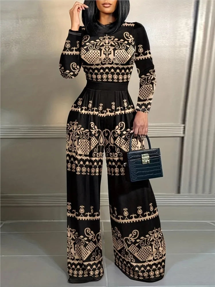 Elegant Women Stand Neck Slim Long Sleeve Bodysuits Fall/winter Fashion Print Wide Leg Rompers Casual Waist Jumpsuits Streetwear - JN Fashion Fusion