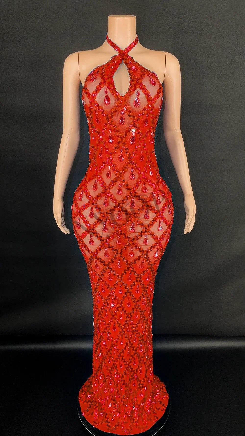 Sparkly Rhinestones Long Dress for Women Sexy V Neck Backless Mesh Transparent Celebrate Evening Wedding Prom Birthday Dress - JN Fashion Fusion